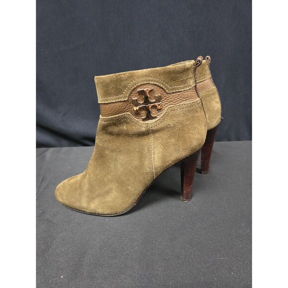 Tory Burch Alaina Olive Green Suede Ankle Boots Heels Size 10M EUC Zip - Picture 2 of 7